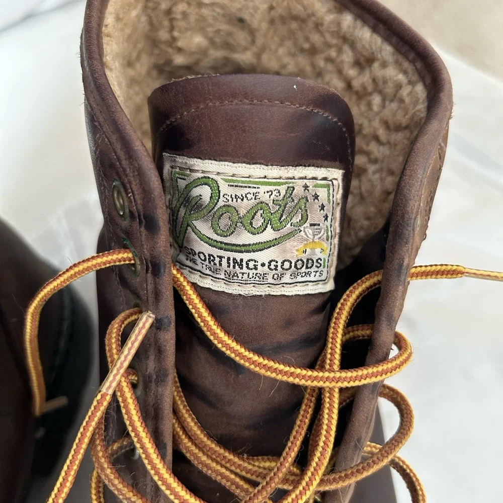 ROOTS Dark Brown Distressed Leather Boots with Shearling